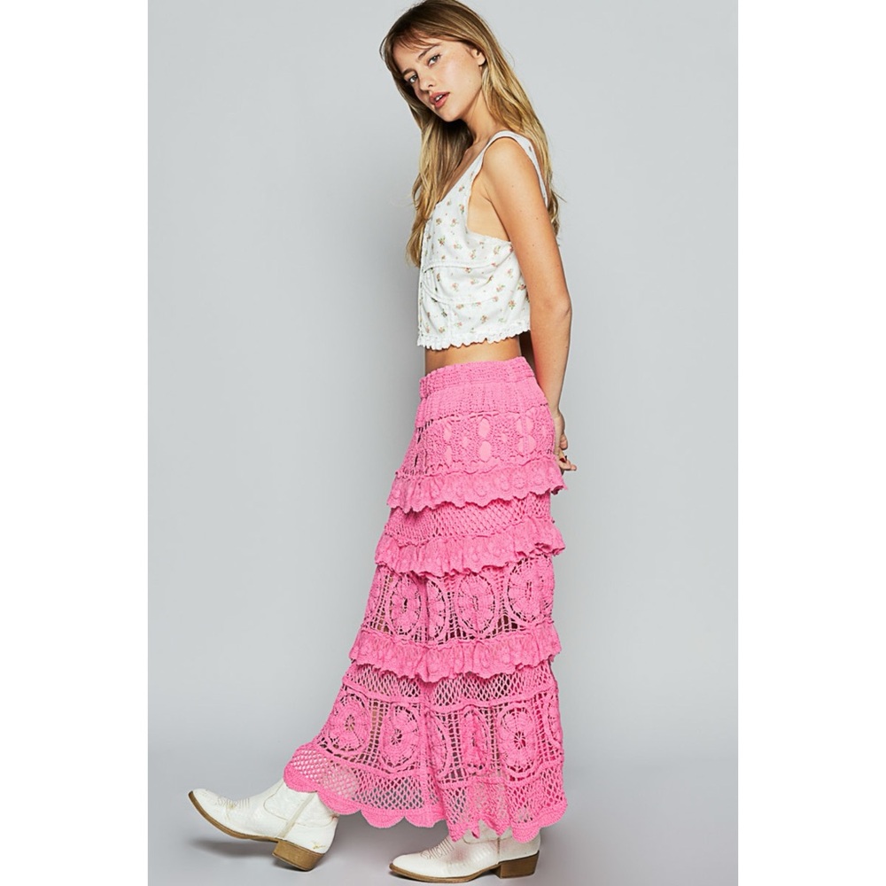 POL Bubblegum Pink Tiered Ruffled Flowy Crochet Maxi Skirt - Picture 4 of 9